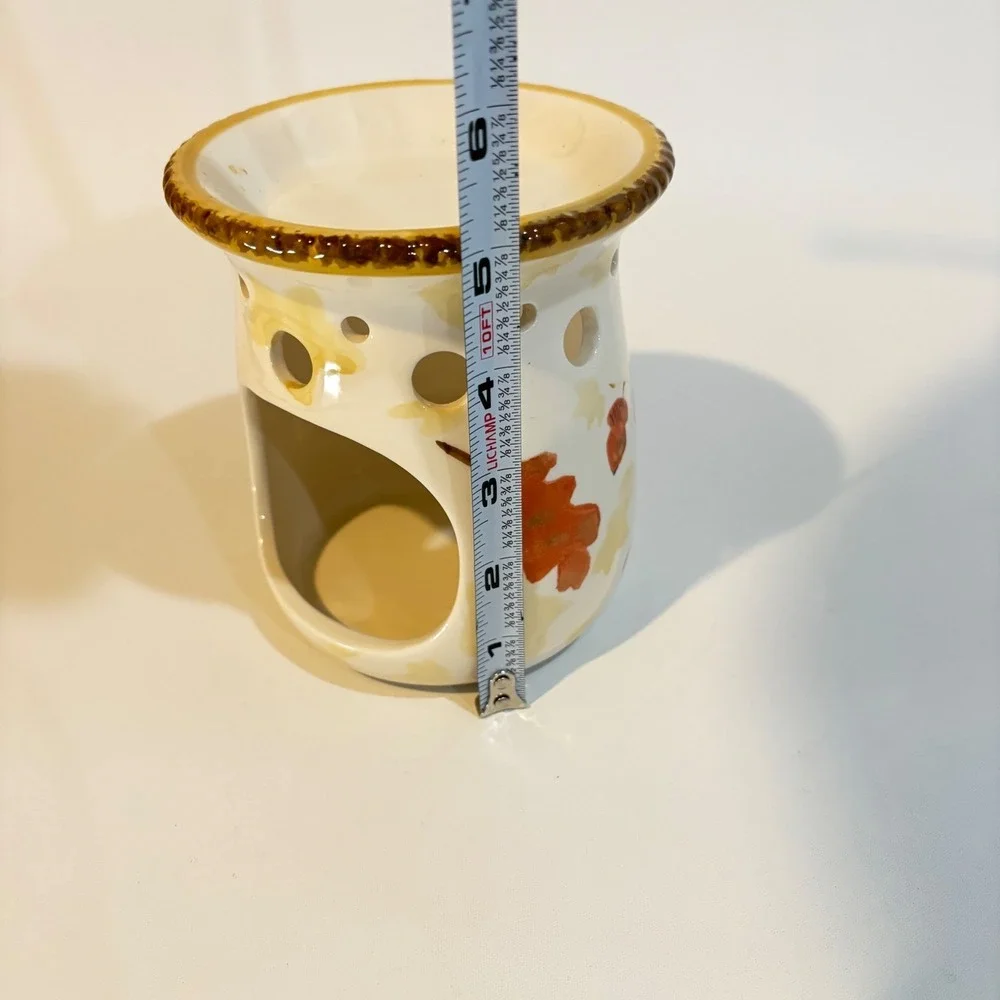 Autumn Leaves Ceramic Tea Light Wax Warmer Fall Acorn Scalloped Rim Cream 5in